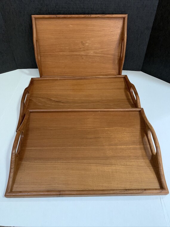 Vintage dolphin mcm teak stacked serving trays with h… Gem