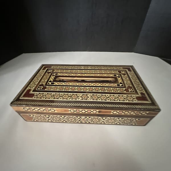 Vintage damascene marquetry antique wood tissue box inlaid décor