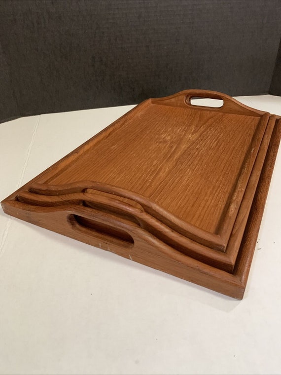 Vintage dolphin mcm teak stacked serving trays with h… Gem