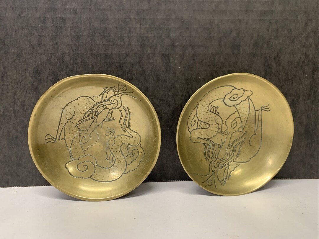 Vintage Etched 4.5 Brass Bowl Made in China Signed Dragon Monster Etsy