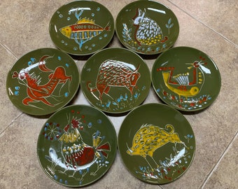 1950s italian sica (sicart) pottery plates mcm animals 7pc 8” abstract art italy