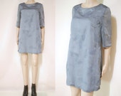 80s Metallic Floral Shift Dress Short Length Vintage Grey Eighties Sheer 3 4 Sleeves Vtg S-M Medium