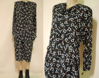 80s Black Abstract Print Cowl Neckline Dress, Vintage Retro Knee Length Long Sleeve Eighties Hipster VTG 1980s Size S-M