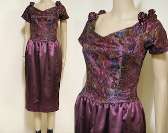 80s Vintage Satin Prom Lace Gown Dress, Eggplant Ball Gown Eighties Party Floral Retro Dress VTG 1980s Size XS-S