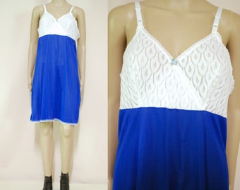70s Sheer Lace Chemise Nightie Slip Dress, Vintage Lingerie Seventies Blue and White 1970s Retro VTG Size S