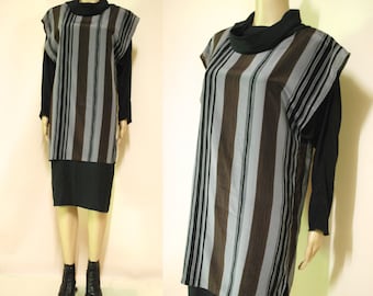 80s Avant Garde Rolled Cowl Neckline Dress, Vintage Mid Length Eighties Layered Striped VTG Size M-L Medium to Large