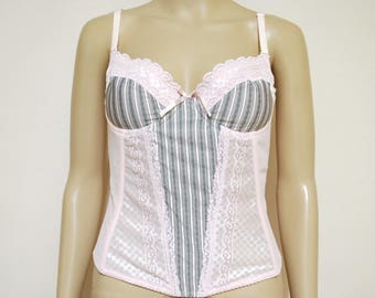 90s Pastel Pink Bustier Lace Striped Lingerie Bra Vintage Grunge Boned Nineties Vtg 1990s Size 12 C