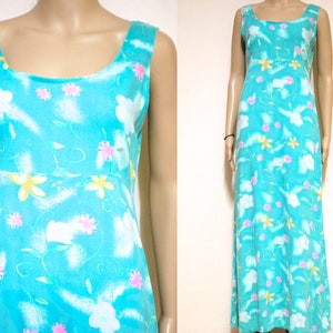 90s Vintage Sea Punk Seashell Floral Dress, Soft Grunge Rayon Hippie Maxi Long Length Semi Sheer Festival VTG Blue 1990s Size XS-S