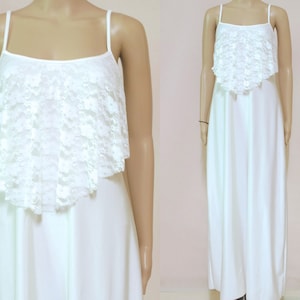 70s Satin and Lace Layered White Dress, Vintage Long Maxi Length Wedding Dress Retro VTG 1970s Size XS-S