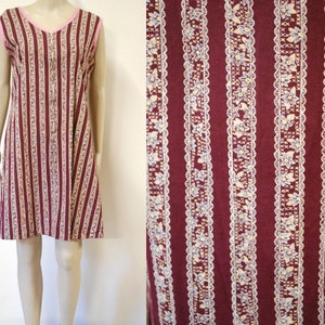 70s Maroon Striped Floral Print Dress, Vintage Mid Length Retro Sleeveless Zip Down Front Hippie Cotton Blend Summer VTG 1970s Size M