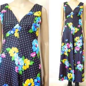 70s Floral & Polka Dot Long Length Maxi Dress, Vintage Retro Flared Sleeveless Hippie Seventies Pink Blue Stunning 1970s VTG Size XS-S