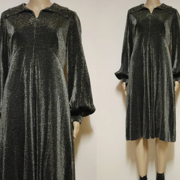 70s Brown Metallic Bishop Sleeve Dress, Vintage Hippie Midi Collared Neckline 1970s Retro Seventies VTG Size M