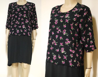 80s Vintage Black Floral Print Dress, Retro Mid Length Eighties 3/4 Length Sleeves Hipster VTG 1980s Size M-L