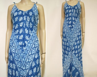 90s Tie Dye Vintage Gauze Boho Maxi Dress, Blue Batik Festival Hippie Nineties Holiday Semi Sheer VTG 1990s Size XS-S