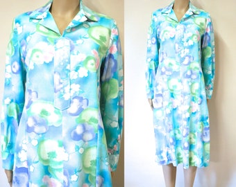 70s Pastel Floral Watercolour Print Dress, Vintage Shirt Dress Retro Seventies Hippie Mid Length Long Sleeves VTG 1970s Size S-M