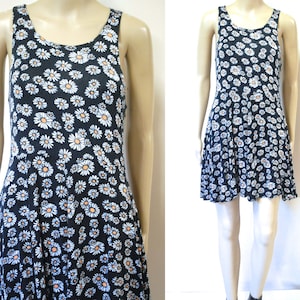 90s Black Daisy Flower Print Sundress, Vintage Soft Grunge Skater Tank Sun Dress, Mini Short Length Floral Festival VTG 1990s Size XS-S