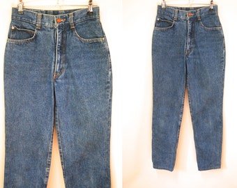 80s Staggers High Waisted Denim Jeans, Vintage Retro Blue Straight Leg Pants Eighties Vtg 1980s Size XS-S