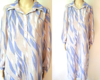 70s Abstract Large Collar Shirtdress, Vintage Smock Dress Retro Hippie Mid Length Seventies Hipster Collared Neckline VTG 1970s Size L