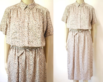 70s Vintage Secretary High Neck Shirtdress, Light Brown Fleck Print Mid Length Button Down Dress Short Sleeve Hipster VTG 1970s Size S-M