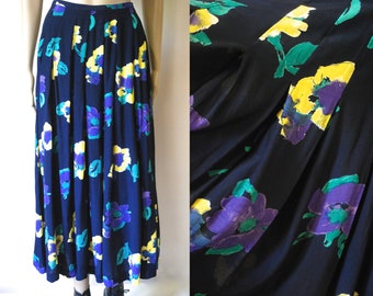 90s Black Floral High Waisted Rayon Skirt, Vintage Pleated Abstract Printed Flowers Maxi Long Length Grunge Hipster VTG 1990s Size S-M