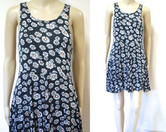 90s Black Daisy Flower Print Sundress, Vintage Soft Grunge Skater Tank Sun Dress, Mini Short Length Floral Festival VTG 1990s Size XS-S