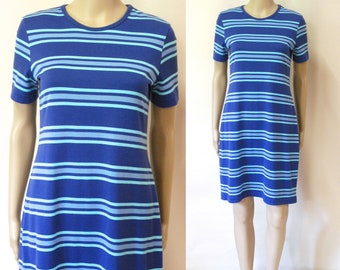 90s Grunge Striped Jersey T Shirt Dress, Vintage Blue Mid Length Festival VTG 1990s Size S