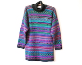 80s Colourful Turtleneck Jumper Vintage Knitted Sweater Kitsch Cosby Retro Eighties Hipster Grunge Geek Vtg 1980s Size M-L