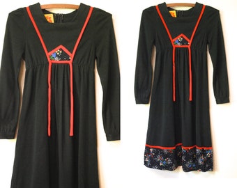 70s Vintage Black Floral Petite Folk Dress, Mid Length Seventies 1970s Retro Hippie Long Sleeve Boho Tie Up VTG Size XXS-XS