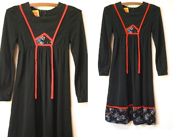 70s Vintage Black Floral Petite Folk Dress, Mid Length Seventies 1970s Retro Hippie Long Sleeve Boho Tie Up VTG Size XXS-XS