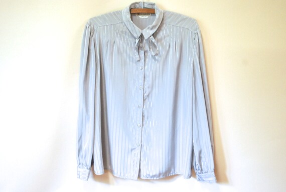 80s Grey Striped Pussy Bow Blouse, Vintage Long Sl