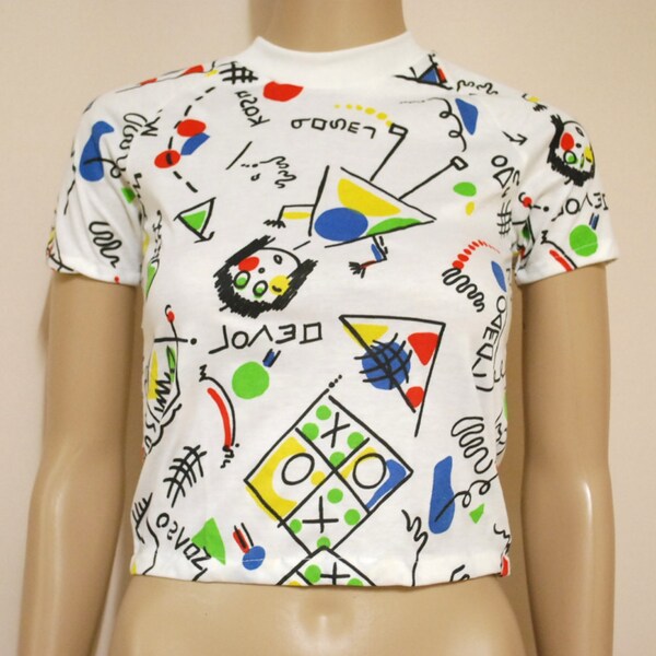 80s Vintage T Shirt Crop Top Naive Art Print Tee Kitsch Retro Kawaii Tight Fit White Vtg 1980s Size XXXS-XXS