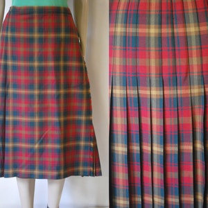 70s Tartan Wool Skirt Vintage Plaid Pleated Kilt Checkered Retro Check Mid Length Wrap Buckles High Waist Vtg 1970s Size M