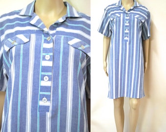 80s Linen Blue Striped Hipster Shirtdress, Vintage Button Down Dress Mid Length Short Sleeves Collared Neckline VTG 1980s Size M