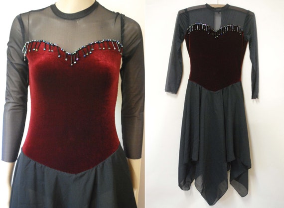 90s Blood Red Velvet Bodysuit Dress, Vintage Hank… - image 1