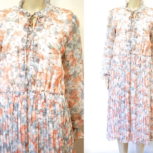 Robe Florale Chiffon des années 70, Jupe plissée Manches longues et transparentes, Mid Length Retro Seventies VTG 1970s Taille S-M