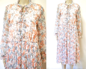 70s Vintage Floral Chiffon Dress, Pleated Skirt Ruffled Front Long Sheer Sleeves, Mid Length Retro Seventies VTG 1970s Size S-M