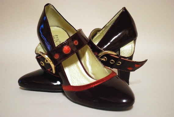 90s Patent Leather Mary Jane High Heel Shoes, Red… - image 2