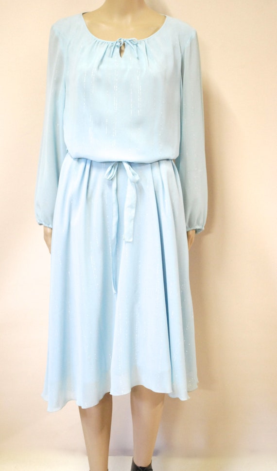 70s Pastel Blue Metallic Puff Sleeve Dress, Vinta… - image 2