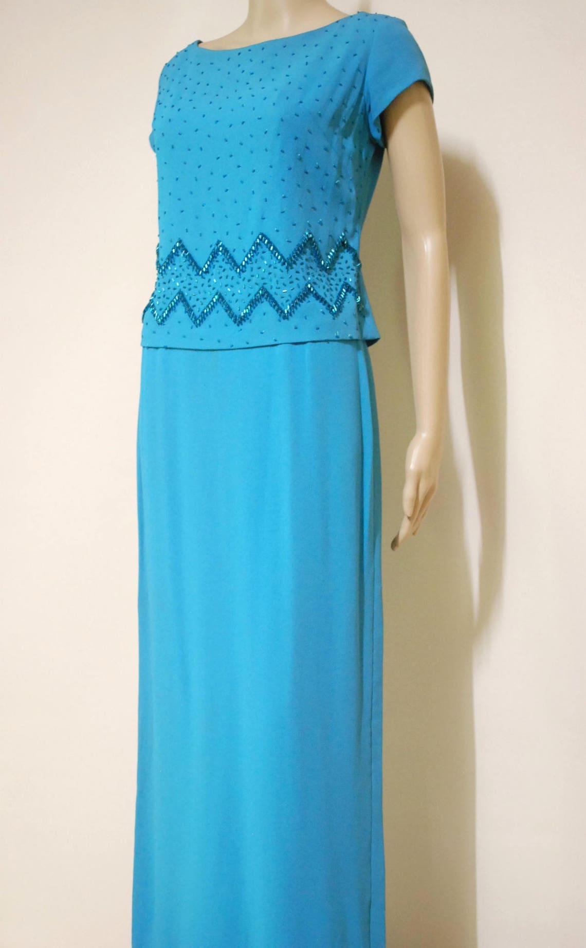 50s Vintage Zig Zag Beaded Dress Long Length Retro Evening Etsy