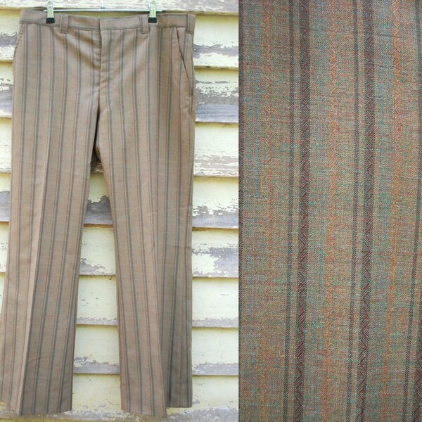 70s Vintage Mens Trousers Army Green Pants Striped Retro Slacks Hippie Zig Zag Vtg 1970s Size L