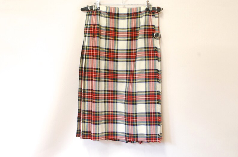 70s Tartan Wool Skirt Vintage Plaid Pleated Kilt Checkered Retro Check Mid Length Wrap Buckles High Waist Vtg 1970s Size M