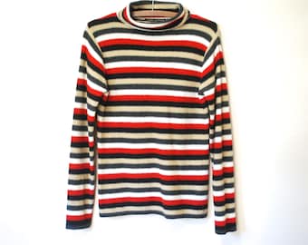 90s Striped Knitted Turtleneck Jumper Top, Vintage Stripes Sweater Grunge Long Sleeve Soft Knit VTG Skivvy 1990s Size S
