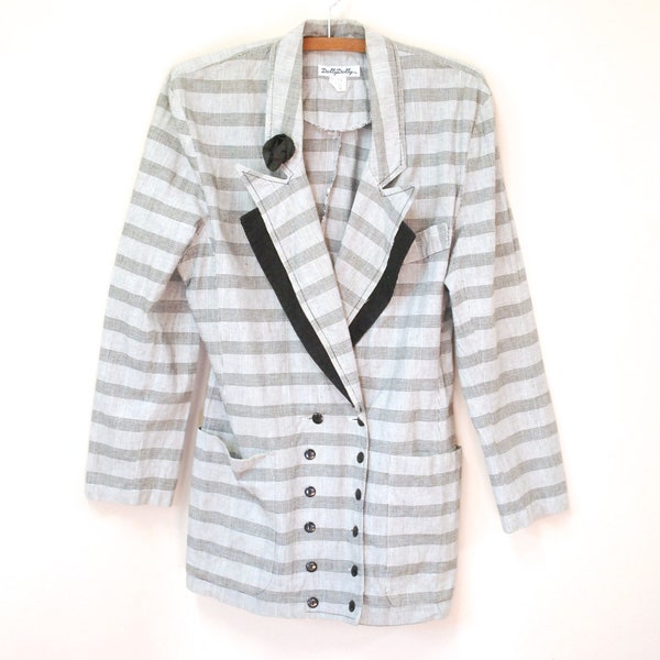 90s Plaid Houndstooth Tuxedo Jacket, Black and White Double Breasted Blazer, Vintage Tux Dinner Coat, VTG 1990s Size M