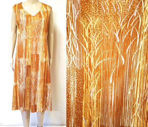 70s Savannah Grass Print Tank Dress, Vintage V Neck Sleeveless Mid Length Retro Abstract Seventies VTG 1970s Size M-L