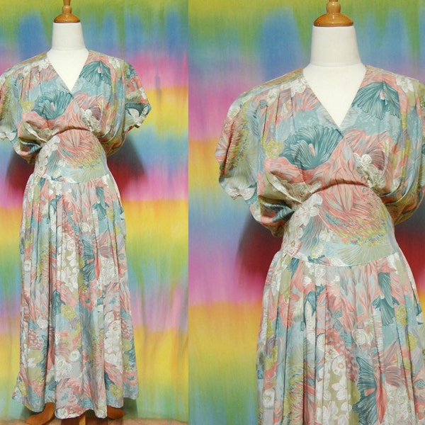 70s Vintage Floral Dress Mid Length Sleeveless Pink Blue Grecian Tunic Vtg 1970s Hippie M-L