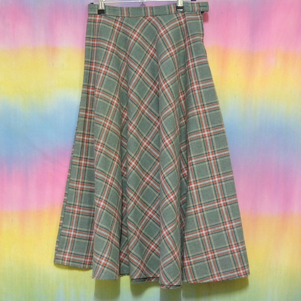70s Vintage Plaid Pure Wool A Line Skirt Checkered Green Tartan Mid Length High Waist Skirt Vtg 1970s