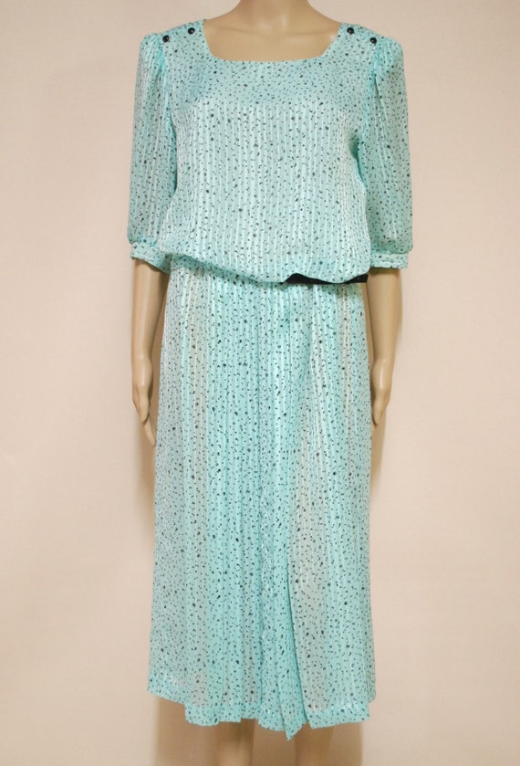 70s Vintage Puffed Sleeves Pastel Blue Dress, Sem… - image 2