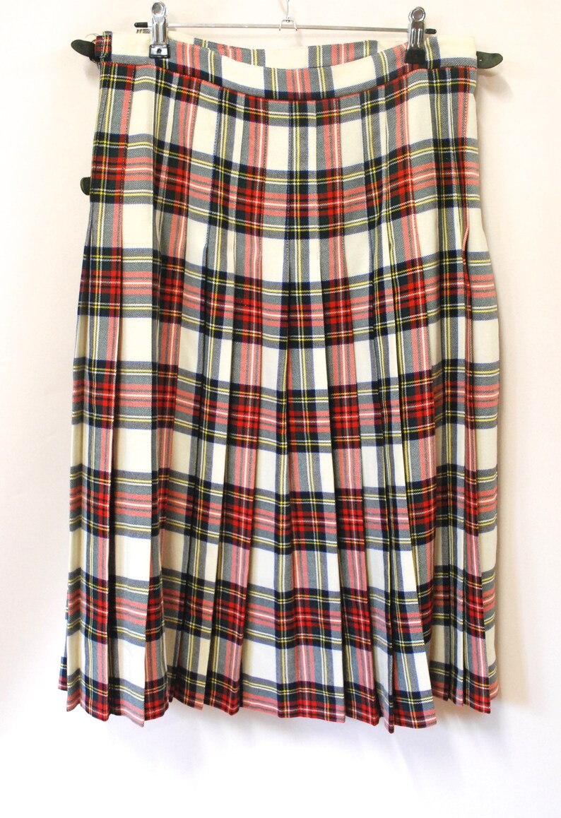 70s Tartan Wool Skirt Vintage Plaid Pleated Kilt Checkered Retro Check Mid Length Wrap Buckles High Waist Vtg 1970s Size M