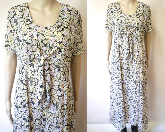 90s Sheer Floral Dress with Tie On Front, Vintage… - image 1