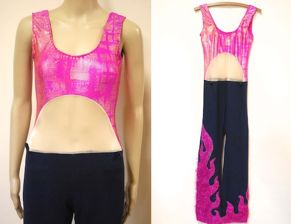 90s Hot Pink One Piece Overalls With Flames Vintage Gem